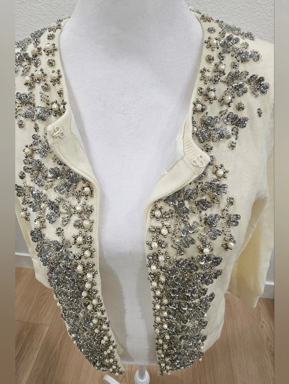 Talbots Petites SP Ivory Beaded Pearl Sequin Embellished Cardigan Lambswool